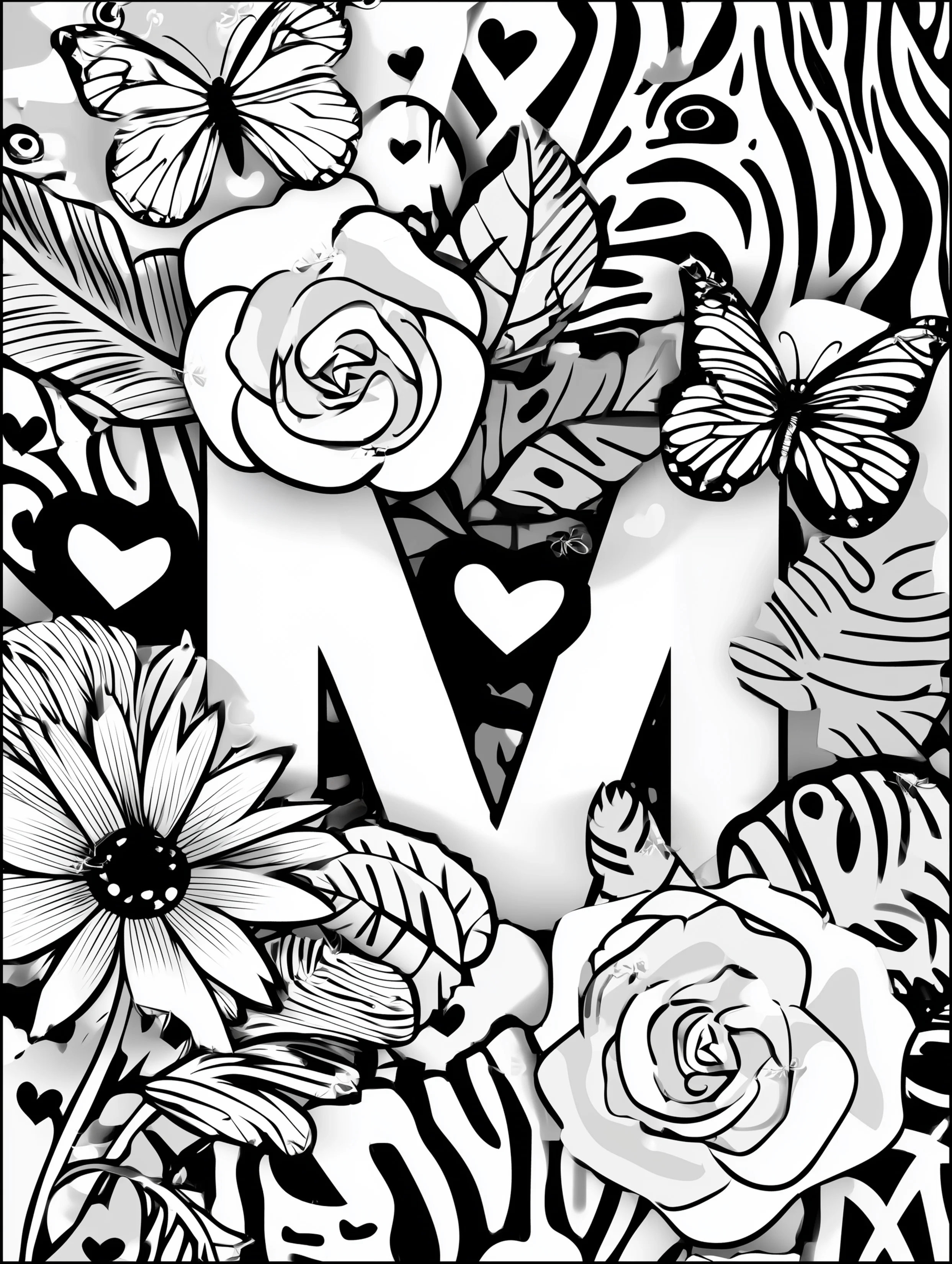Free printable letter coloring page for adults featuring the letter M
